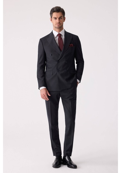Erkek Lacivert Çizgili Slim Fit %100 Yün Çizgili Kruvaze Takım El