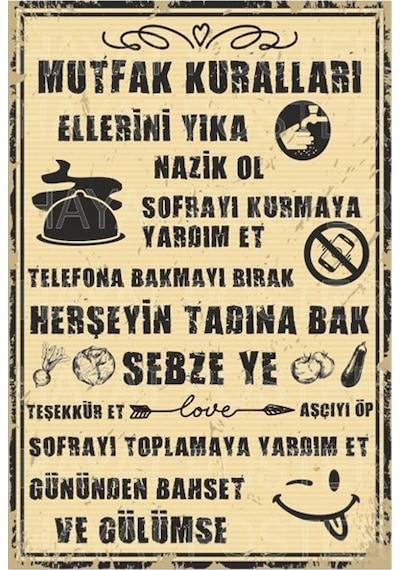 Mutfak Kuralları Tablosu Retro Vintage Ahşap Poster