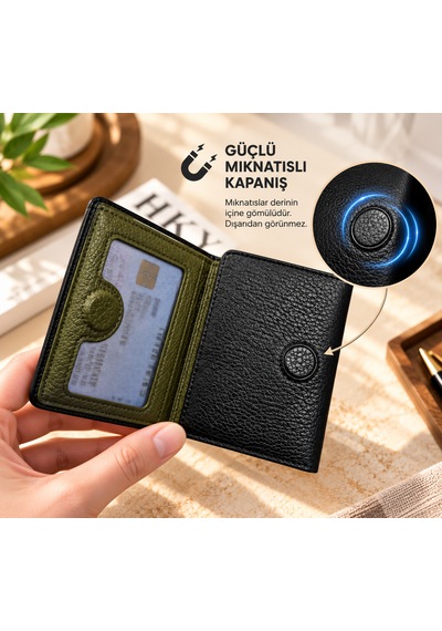Grande İsme Özel 1414 Hakiki Deri Mıknatıslı Erkek Cüzdan Grnd1414 Siyah - Haki