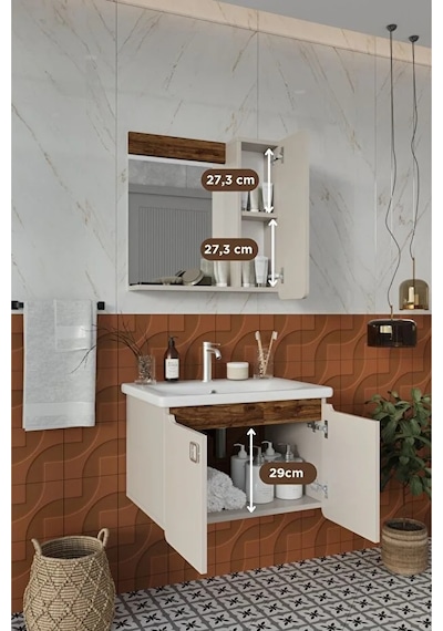 Selvi 80 Cm %100 Mdf Lavabolu Banyo Dolabı Aynalı Dolaplı Üst Dolap Lavabo Krem