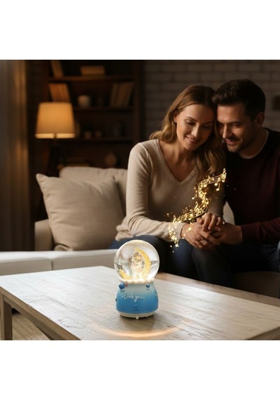 Pilli Işıklı Müzikli Kar Küresi Hilal Ay Figürlü Romantik Masaüst