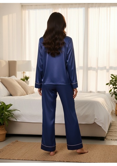 Premium Saten Pijama Takımı Lacivert, Uzun Kollu Ve Biye Detaylı