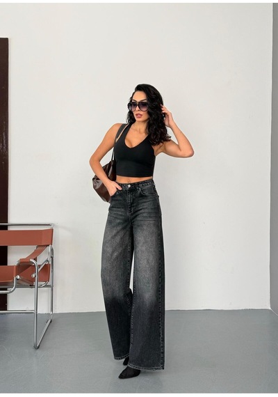 Kadın Füme Taşlamalı Baggy Jean Yüksek Bel Geniş Paça Kot Pantolon Siyah Siyah+taşlamalı