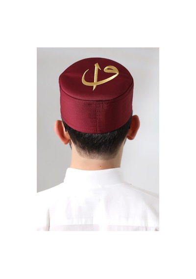 Bordo Kapitone Elif Vav Nakışlı Kalıp Namaz Takkesi Bordo