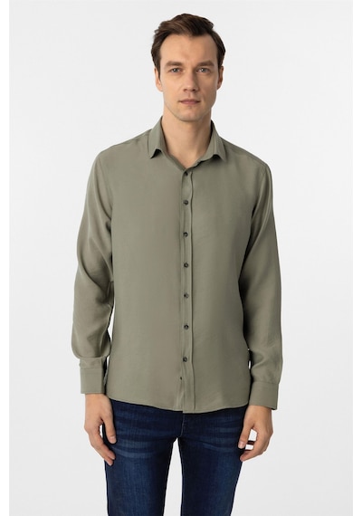 Süvari Haki Slim Fit Düz Klasik Yaka Gömlek Haki