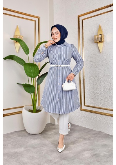 Harman Butik Kemerli Çizgili Keten Gömlek Lacivert Lacivert