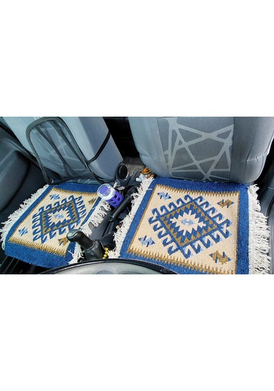 Reversible Oto Koltuk Kilim Seti 3 Parça Makine Dokuma Akrilik & Polyester Saçaklı - Mavi