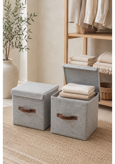 2'li Gri Keçe Kapaklı Küp Kutu Seti 25 X 25 X 25 Cm Deri Kulplu, Katlanabilir, Düzenleyici Kutu
