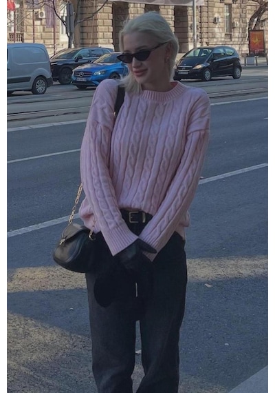 Madmext Pembe Balıkçı Yaka Örgülü Triko Kazak Mg2336 Pembe