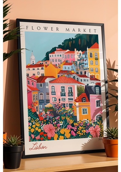 Lizbon Portekiz Çerçeveli Tablo Seyahat Severlere Salon Ve Ofis İçin Estetik Duvar Dekoru Travel Flower Market