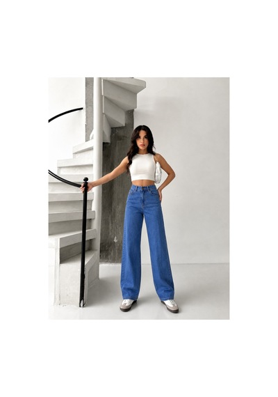 Kene Jeans Mavi Likralı Boyfriend Bol Paça Denim Pantolon Mavi