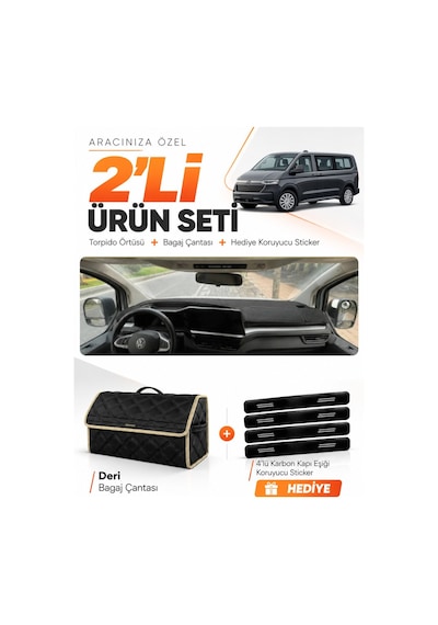 E-biz Volkswagen Transporter 2025-sonrası Uyumlu Torpido Örtüsü + Deri Çanta - Siyah-bej - Vw035