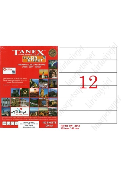 Tanex Tw-2512 Ebat 105 X 46 MM Lazer Etiket A4 Sayfada 12 Etiket