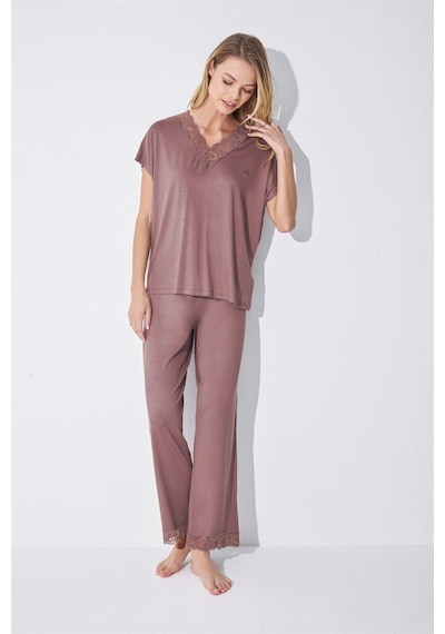 Monamise Kadın Kısa Kollu V Yakalı Dantelli Pijama Takımı 18512-kahve Kahverengi