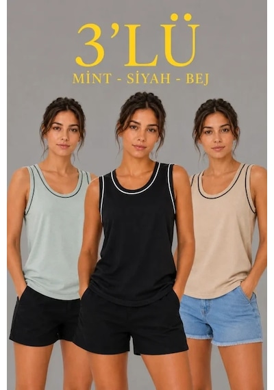 Valensdesign 3 Lü Kolsuz Sporcu Atlet Seti Yazlık Bisiklet Yakalı - Mint Yeşili, Siyah, Bej Çok Renkli