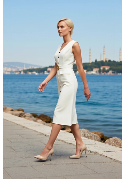 Benerly Kadın V Yaka Kolsuz Bodycon Kalıp Midi Boy Dokuma Elbise Kemerli Beyaz Benerly Kadın V Yaka Kolsuz Bodycon Kalıp Midi Boy Dokuma Elbise Kemerli Beyaz