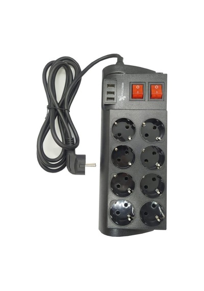 Şahnet FTR-08 8'li Siyah 2 Anahtarlı Akım Korumalı 3USB li Grup P