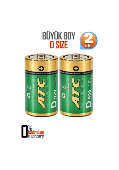 Atc 2li Büyük Boy Pil R20 D-size Pil D Boy Pil Oyuncak Pili Çinko Karbon Pil Zn-c 1.5 V