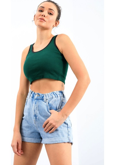 Tommy Life Yeşil Basic Sıfır Kol Dar Kalıp U Yaka Kadın Crop Top Atlet - 97162 Yeşil