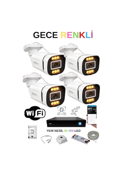 4 Kameralı Su Geçirmez Gece Renkli 1080p Full Hd 250 Gb Geniş Açı Güvenlik Kamerası Set