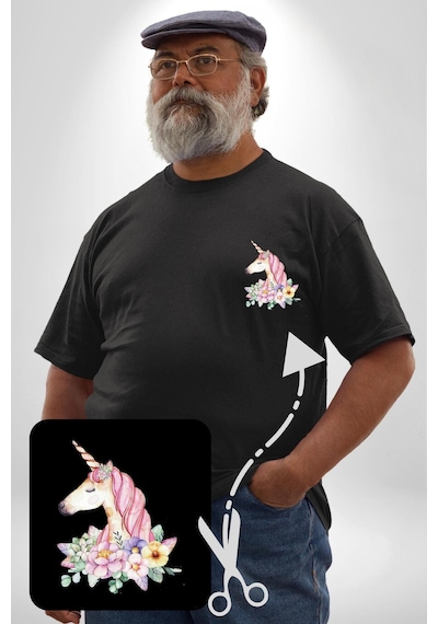 Angemiel Unicorn Çiçek Siyah Büyük Beden Kadın Basic Minimal Baskılı Tişört Siyah