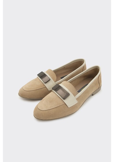 Derinet Hakiki Deri Tokalı Kadın Loafer Bej Süet Bej Süet