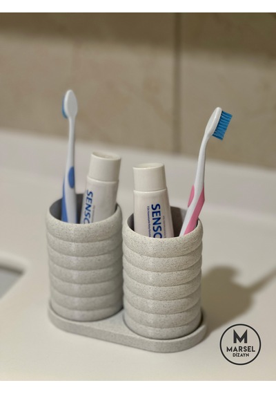 Modern Banyo Düzenleyici V2 - Diş Fırçalık Seti - İkili Set - Mermer Beyaz 10cm Mermer