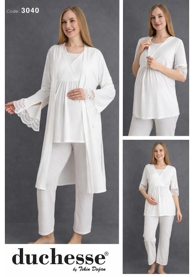 Duchesse 3040 Ekru 3'lü Hamile Lohusa Pijama Sabahlık Takım