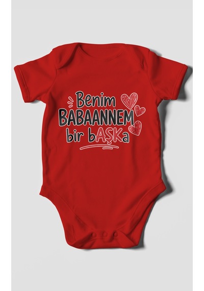 Morivokids Benim Babaanne Temalı Kısa Kollu Bebek Body %100 Pamuk Kırmızı