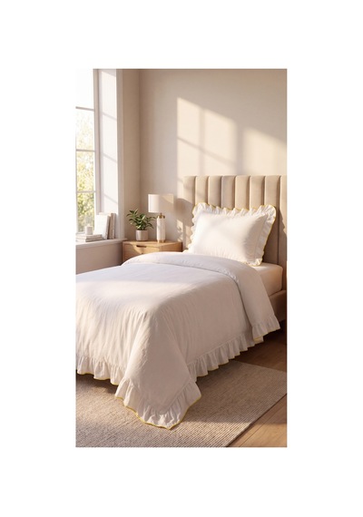 %100 Pamuk Overloklu Fırfırlı Tek Kişilik Nevresim Takımı Lastikli Çarşaflı 160x200 Cm Sarı - 904799828 Sarı