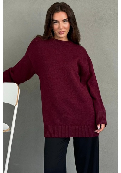 Madmext Bordo Bisiklet Yaka Oversize Uzun Kadın Triko Kazak Mg2890