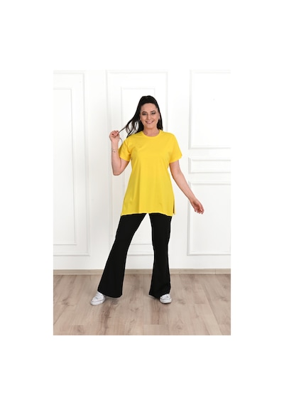 Kadın Bisiklet Yaka Yırtmaç Detaylı Büyük Beden Tshirt 9633-22 001