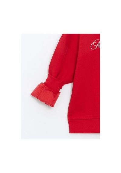 LC Waikiki Bisiklet Yaka Baskılı Oversize Kadın Kalın Sweatshirt Kırmızı