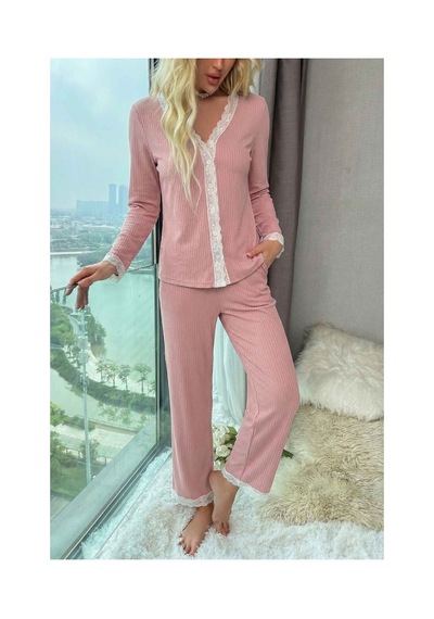 Merry See Ribanalı Dantel Detay İki Parça Pijama Takım Pembe