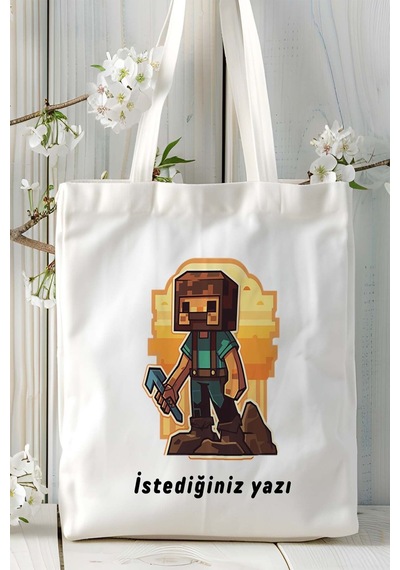 Art Hediye Minecraft Oyun Baskılı Bez Çanta Omuz Çantası Model 4 Çok Renkli