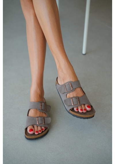 Selin Shoes Noir Çift Ayarlanabilir Tokalı Kadın Terlik- Vizon