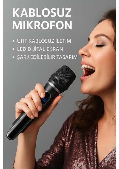 Kablosuz Mikrofon Seti Vhf 220 270 Mhz Wireless El Mikrofonu Ve Kafa Mikrofonlu Verici, 6.3 Mm Çıkışlı, 30 50 Metre Çekim Wn-07