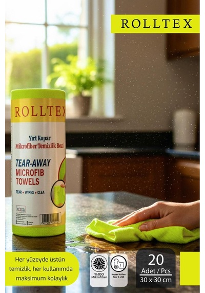 Rolltex Yırt Kopar %100 Mikrofiber Temizlik Bezi 30x30cm 20'li Yeşil Renk Gri
