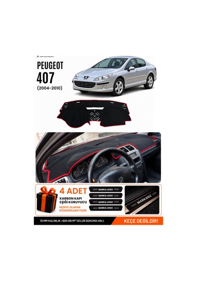 Peugeot 407 2004-2010 Uyumlu Torpido Örtüsü, Torpido Kılıfı - Siyah Kırmızı