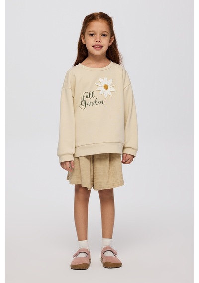 Panço Kız Çocuk Çiçek Motifli Sweatshirt Krem