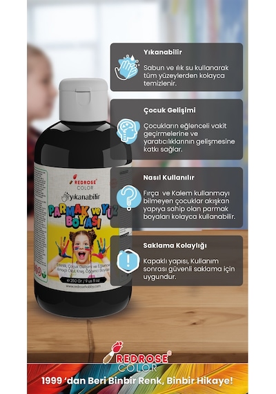 Siyah-beyaz Parmak Boyası 2'li Set 2x250gr Yıkanabilir, Toksik İçermez, Çocuk Okul Kreş İçin
