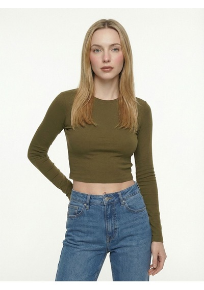 Slim Crop Fit Kadın Tshirt U.kol Haki