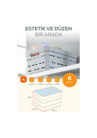 6'lı Kapaklı 5 Litre Delikli Saklama Kutusu Antrasit Antrasit