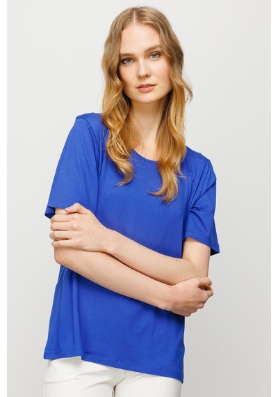 Kadın Sıfır Yaka Basic Penye T-shirt Saks Saks