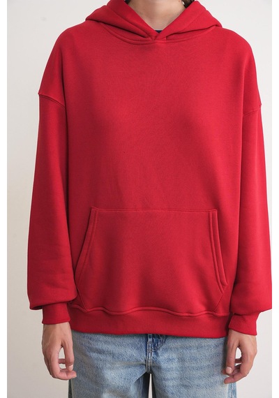 Mixray 2022 Unisex 3iplik Basic Polarlı Kapüşonlu Sweatshirt Hoodie Kırmızı Kırmızı