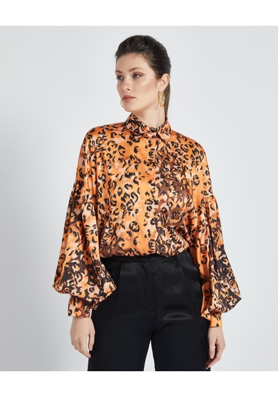 Serpil Exclusive Kadın Leopar Desenli Gömlek - Balon Kol - Saten - Modern Ve Şık Tasarım - Günlük Ve Özel Gün Kullanımı İçin Gömlek Orange