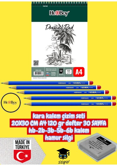 Kara Kalem Çizim Seti 20x30 Cm A4 120 Gr Defter 30 Sayfa Hb-2b-3b-5b-6b Kalem Hamur Silgi Herboy Çok Renkli