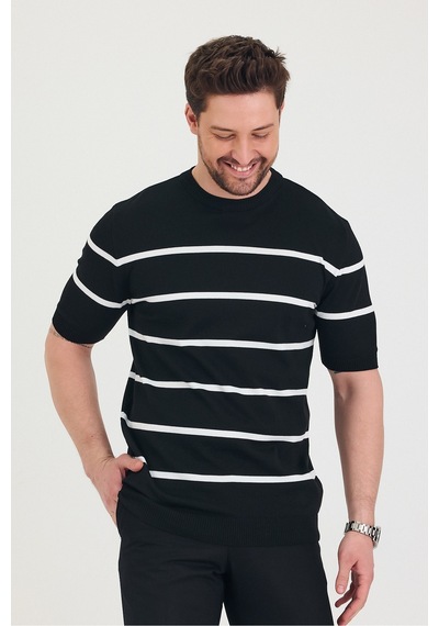 Cool Tarz Erkek Bisiklet Yaka Kalın Çizgi Detaylı Kısa Kollu Ince Triko T-shirt Siyah Siyah