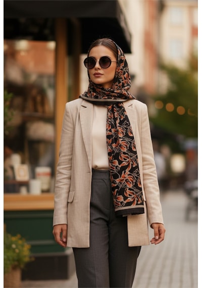 Vivid Floral Desen Pure Touch Koton Şal 75x185cm Siyah-Turuncu