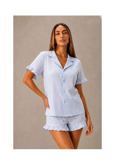 Fit Women Kadın Günlük Düğmeli V Yaka Mavi Pijama Takımı